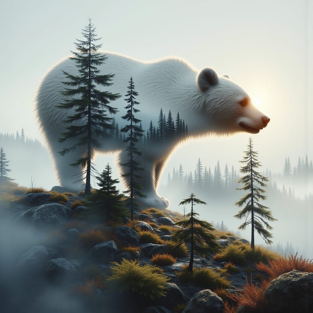 Double Exposure Bear in Mountain Landscape