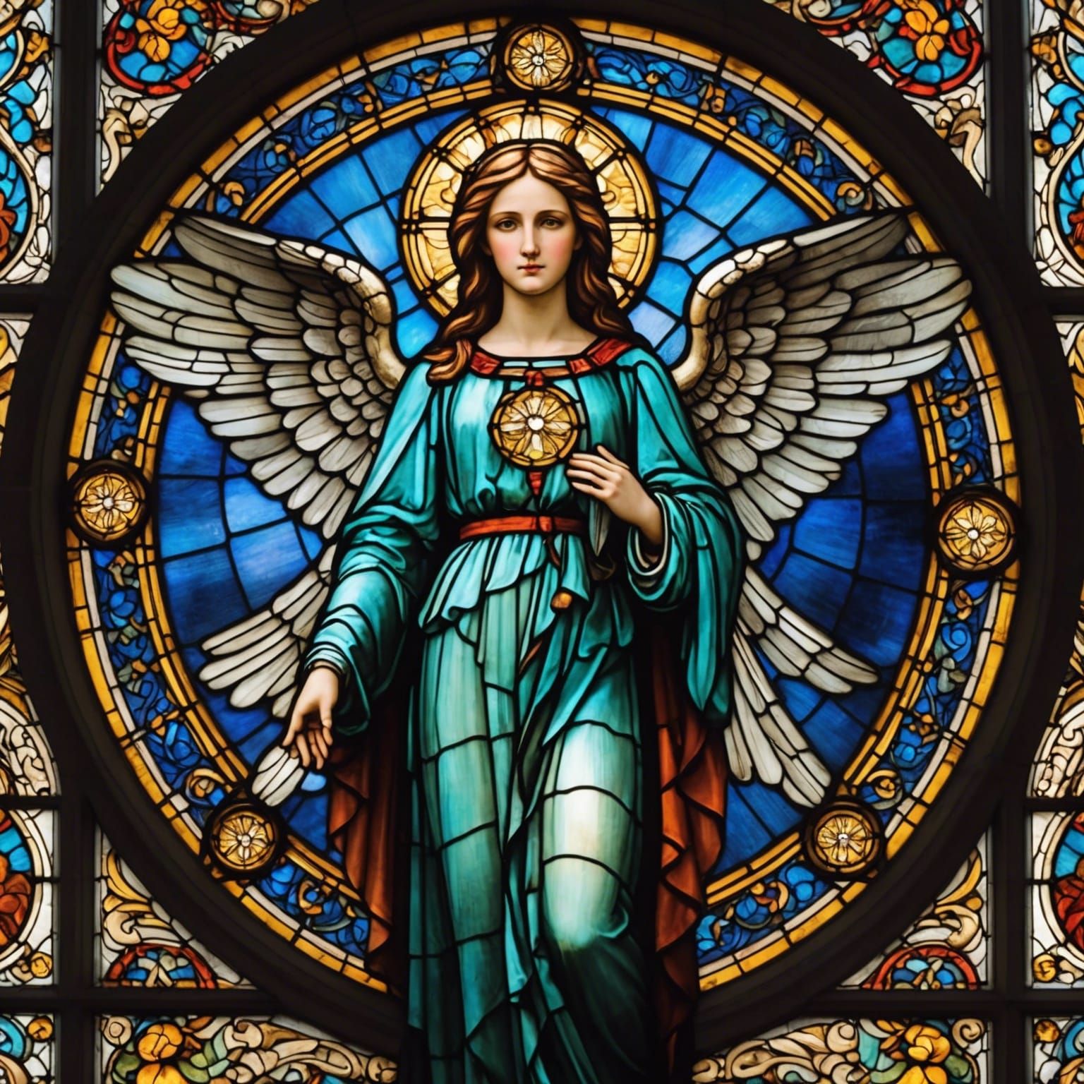 Vibrant Stained Glass Angel with Divine Aura