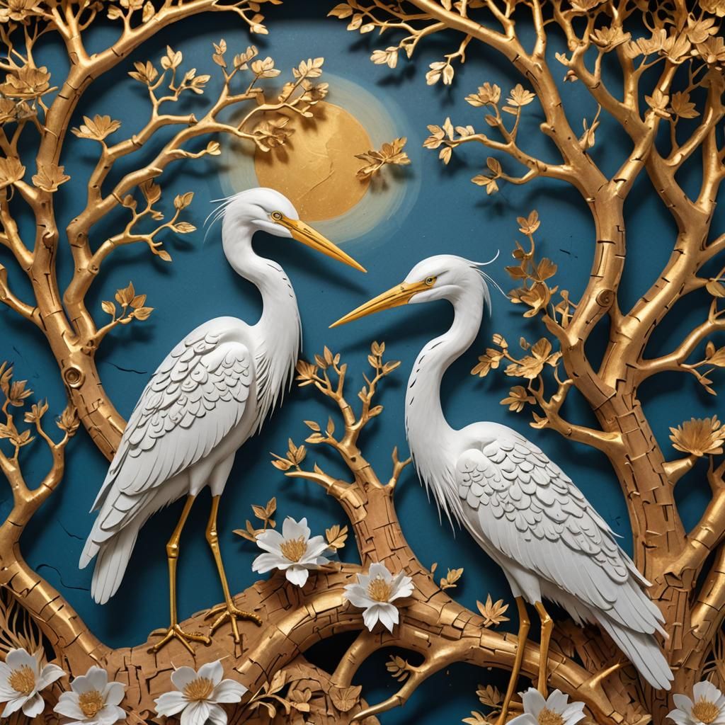 Herons in Intricate Cork Carving Diorama