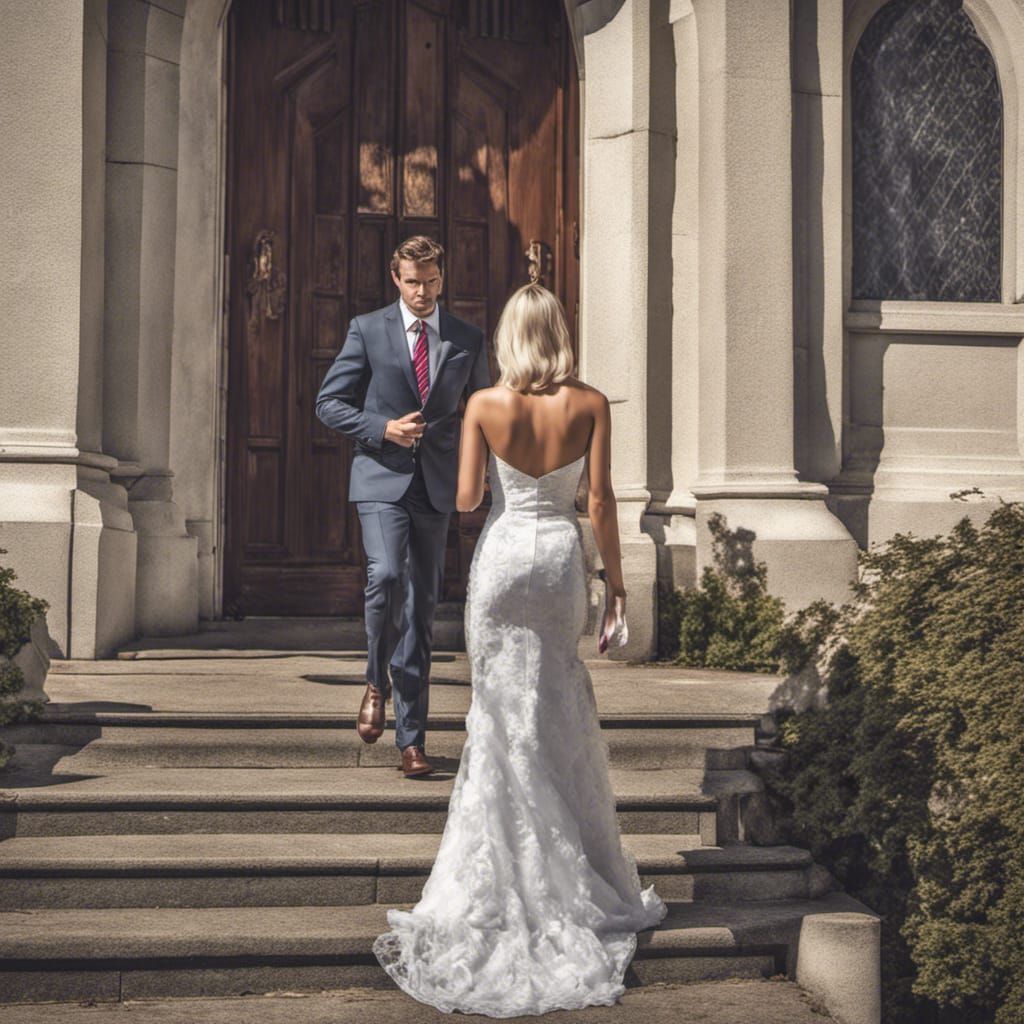 a beautiful slender curvy blonde woman walking out of church...