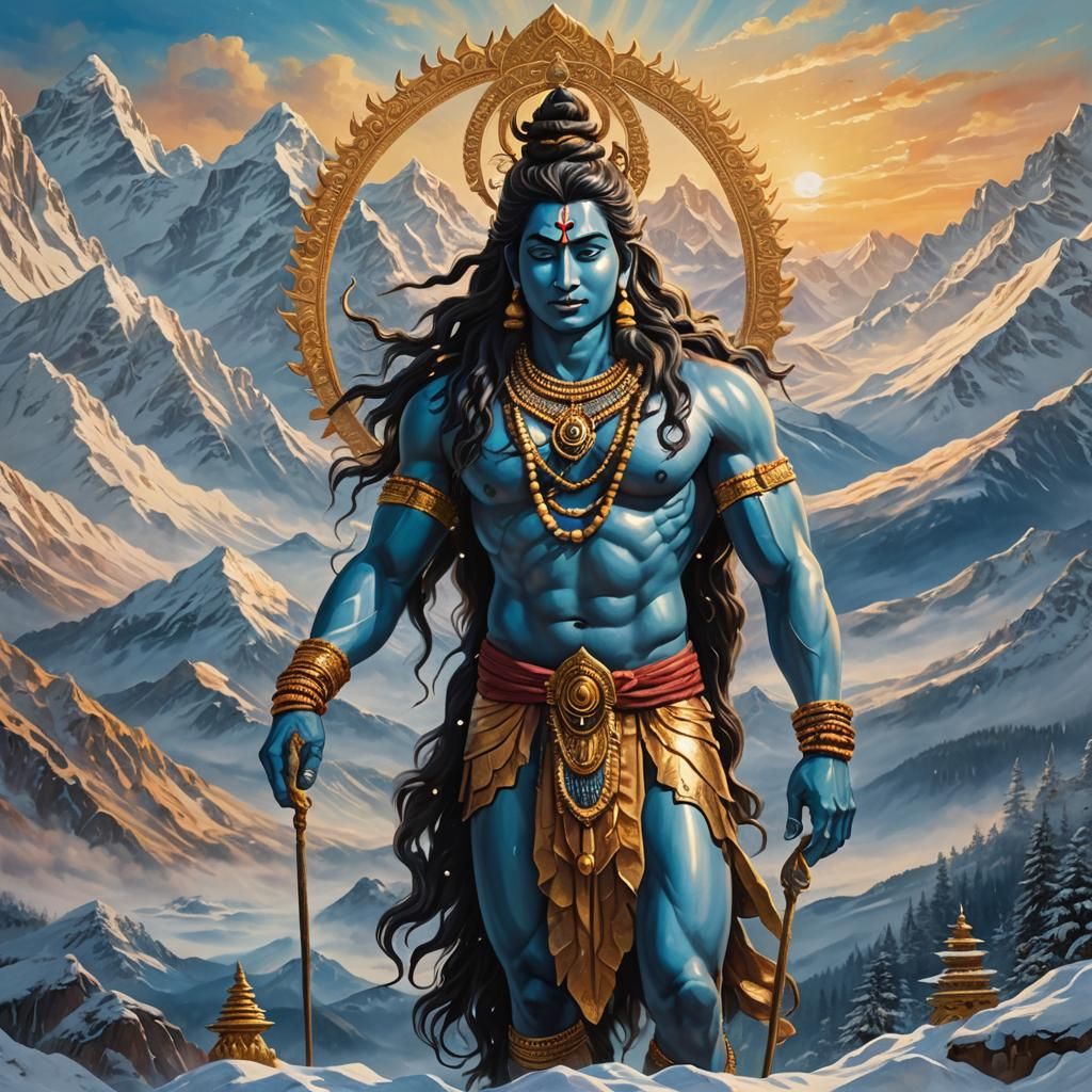 Lord Shiva in Serene Snow Mountain Landscape Oil Painting
