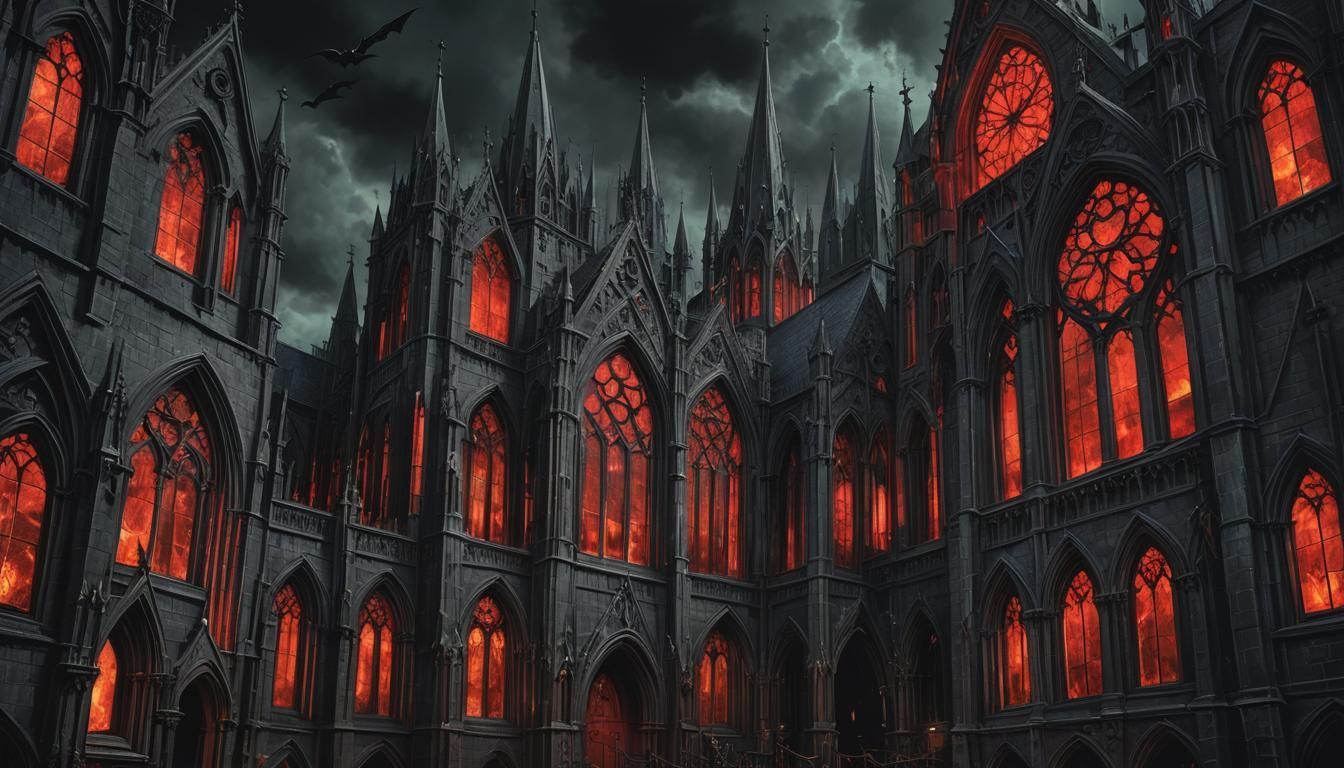 Gothic Victorian Church in Dark, Fiery Splendor