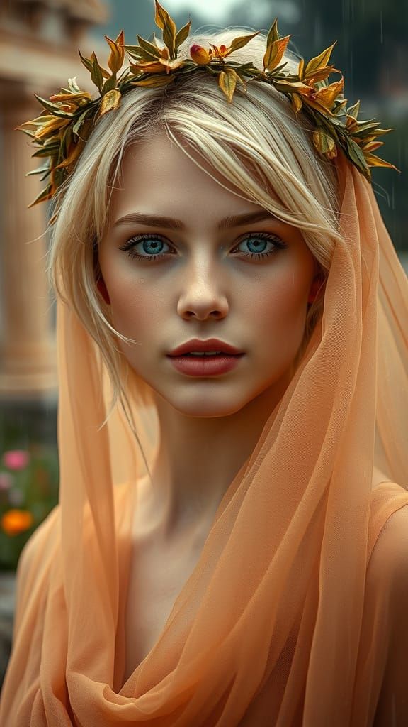 Classical Goddess Emerges Under Gentle Rain