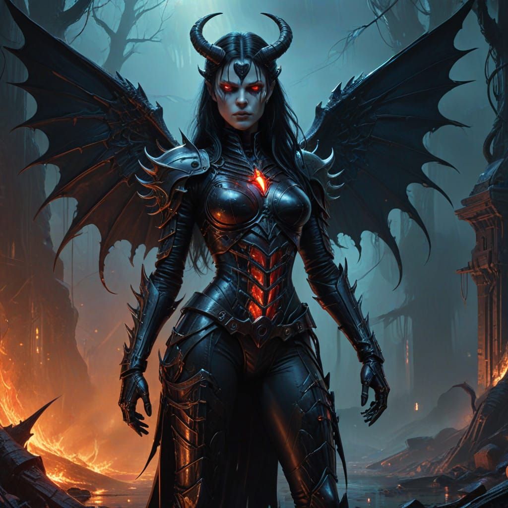 Dark Fantasy Vampire Warrior in Leather Armor with Demon Win...