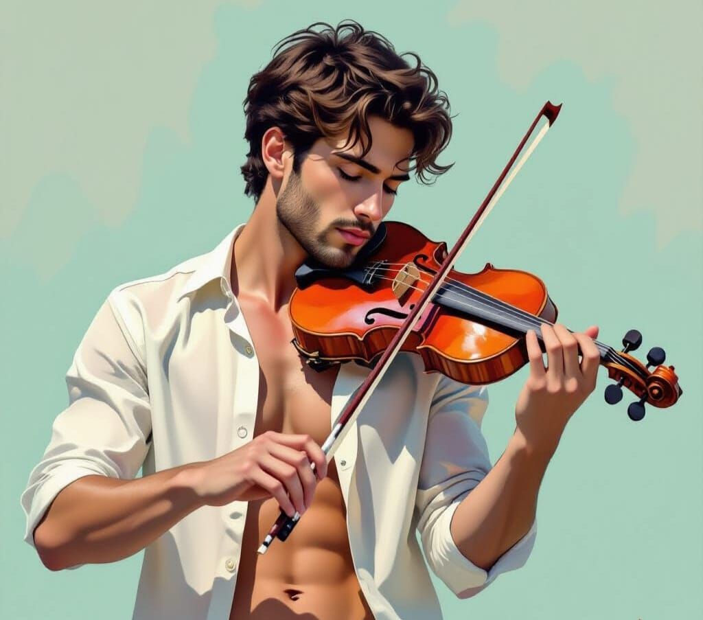 Muscular Young Man Playing Violin in Ethereal Minimalist Sty...