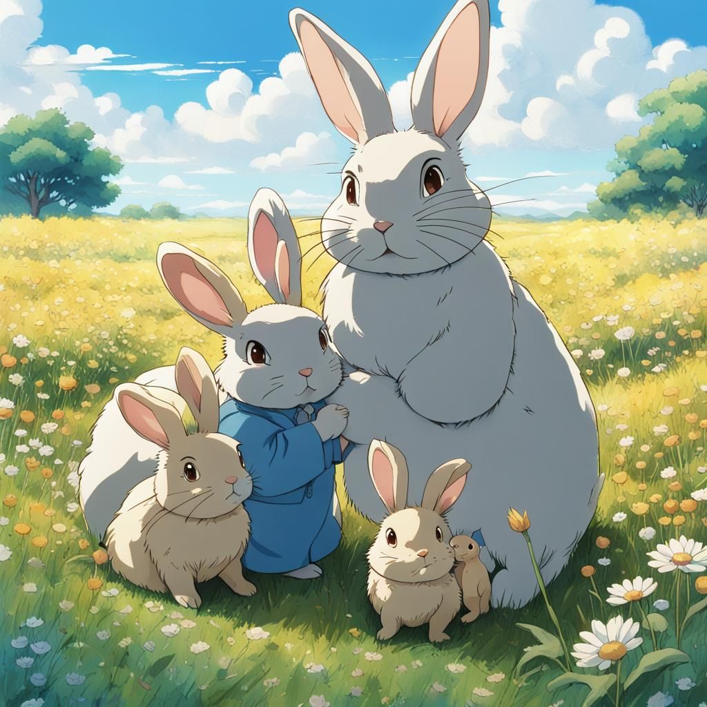 Bunny Family in Field: Studio Ghibli Anime
