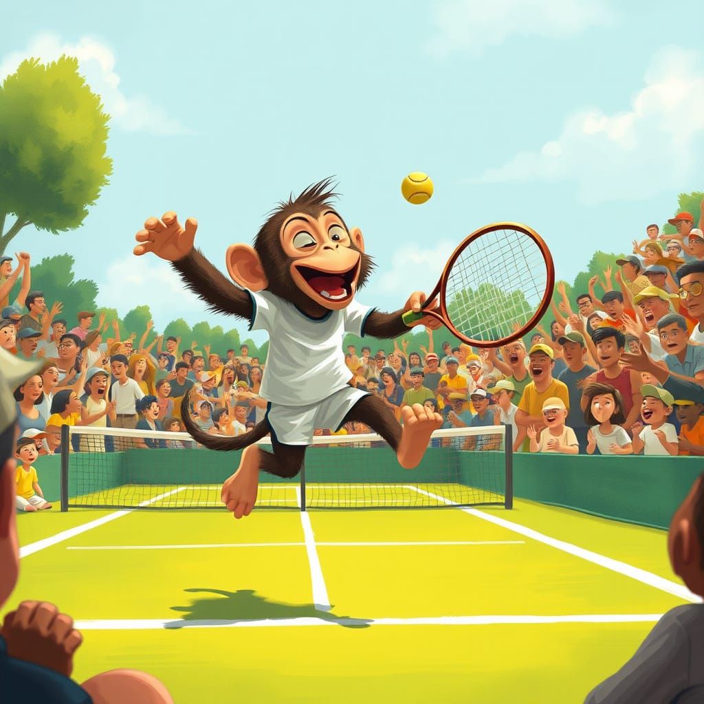 Monkey Tennis Acrobatics: Whimsical Digital Art