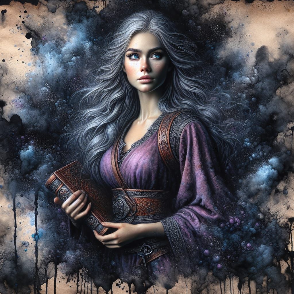 Enigmatic Norse Goddess with Violet Dress and Ancient Tome