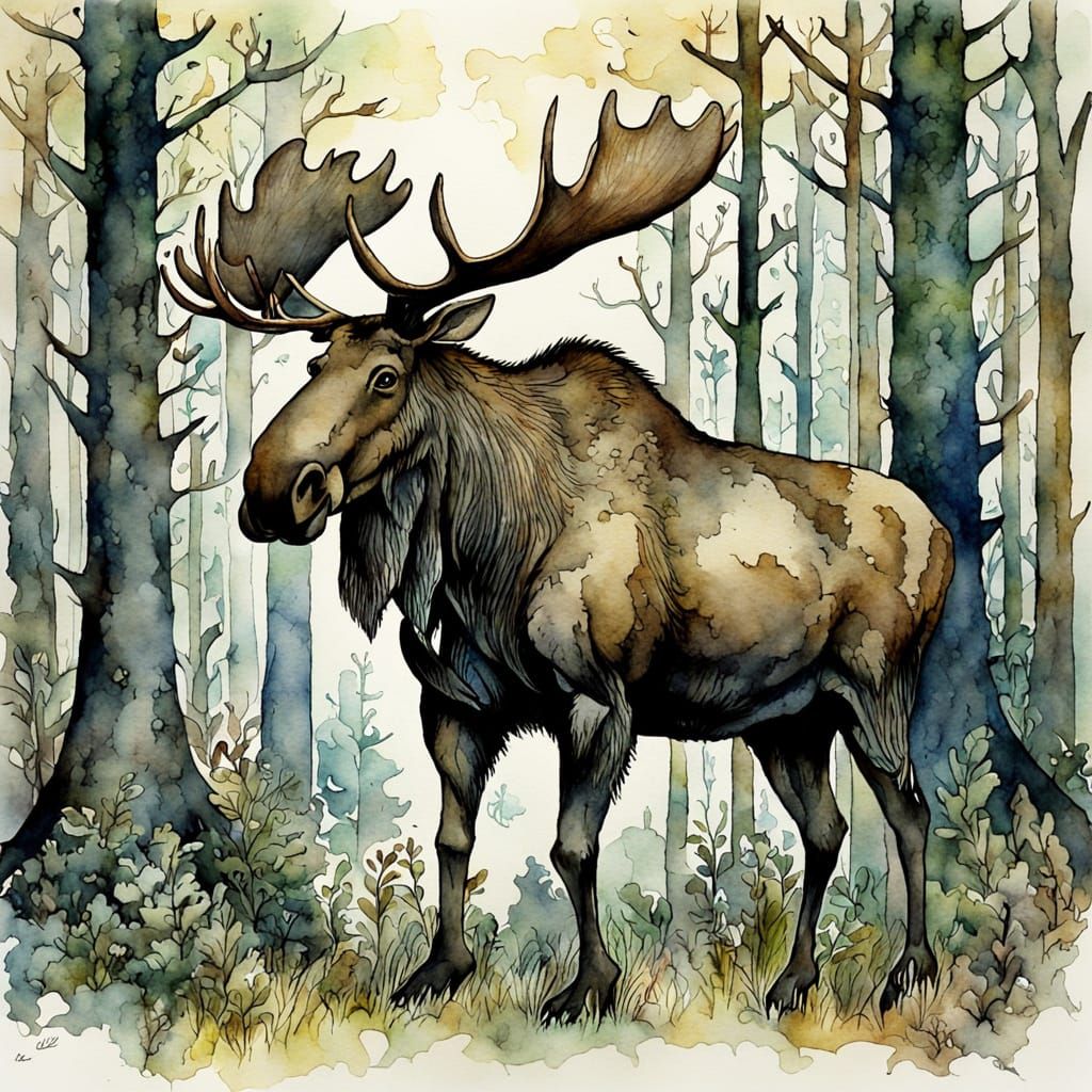 Majestic Moose in Forest as Watercolour Painting