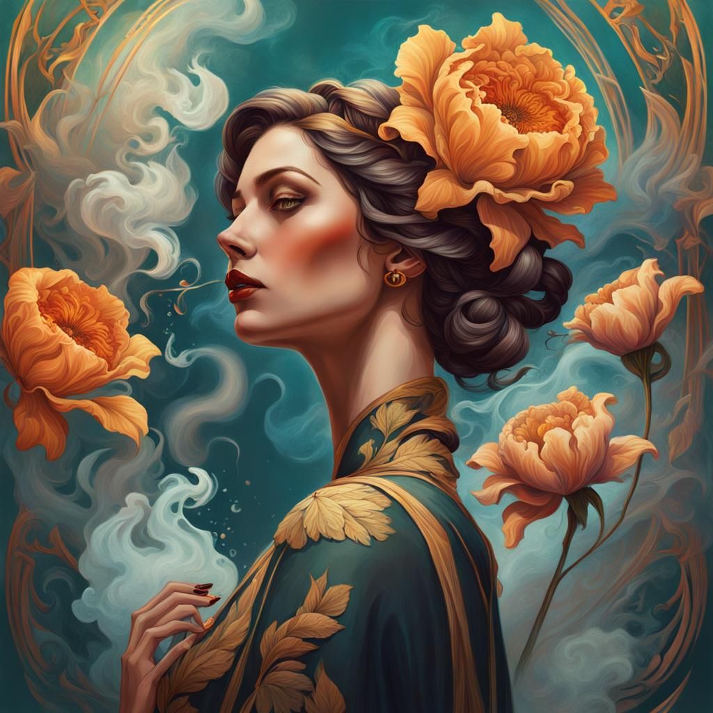 Art Nouveau Woman with Flowers and Smoke