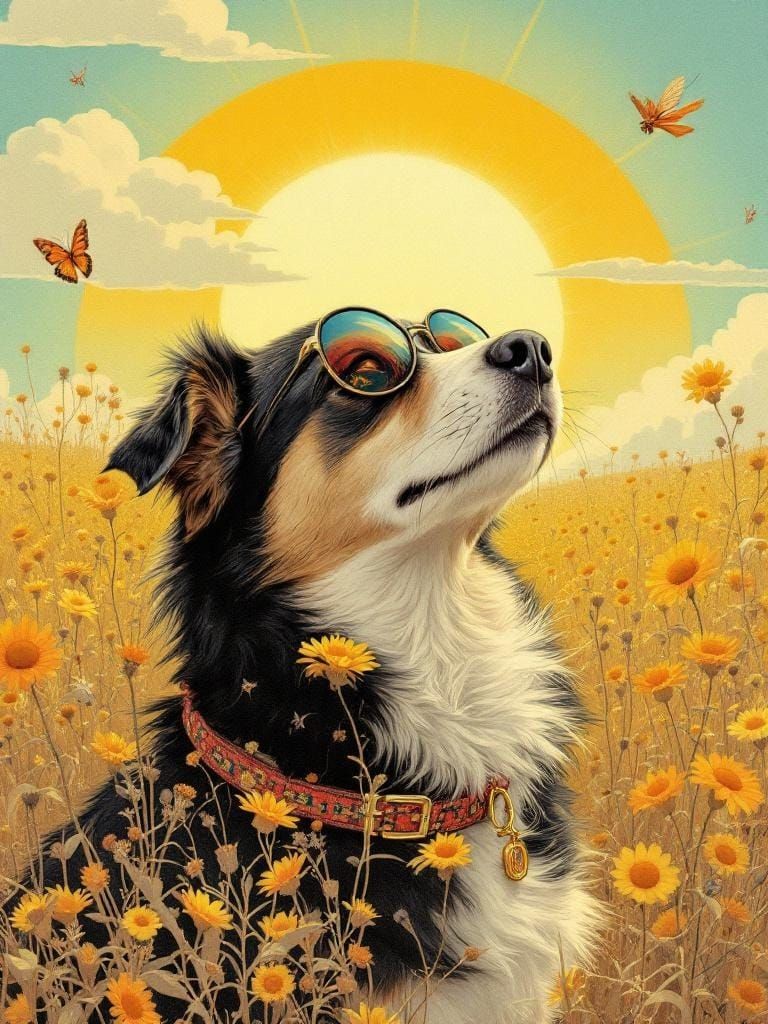 Dog in Sunny Meadow: Surreal Rockwell-Dalí Illustration