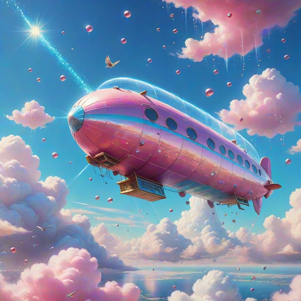Pink Zeppelin in Blue Sky: Whimsical Oil Painting
