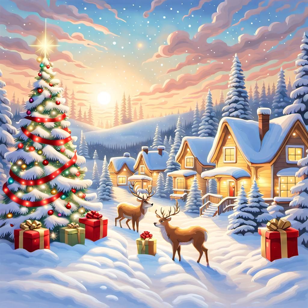 Christmas Reindeer in Snowy Pastel Wonderland