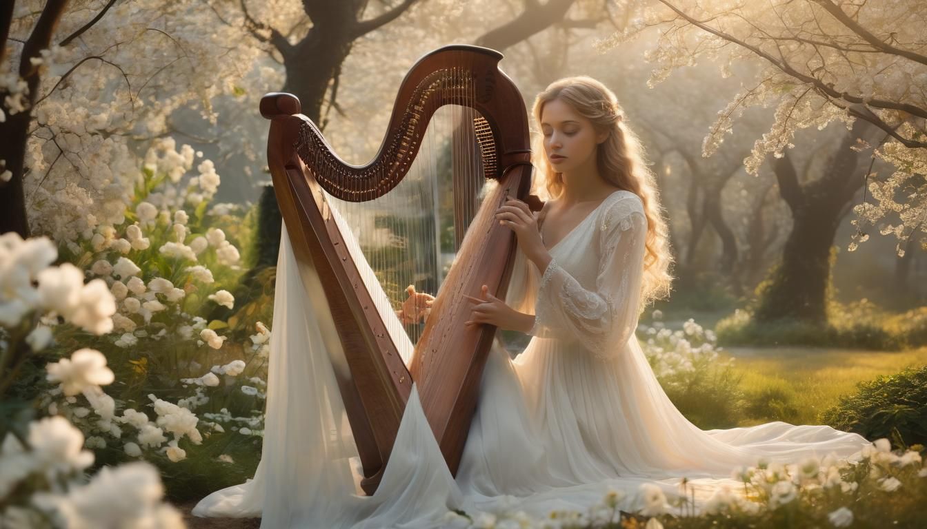 Surreal Woman Playing Harp in Golden Garden