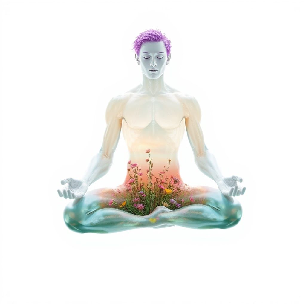 Crystal Man Meditates Amidst Vibrant Floral Landscape