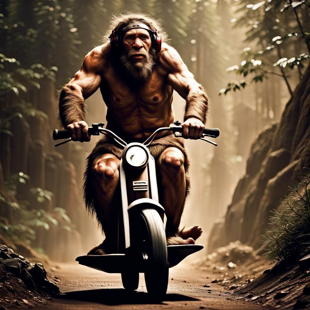 Neanderthal Hunter on Scooter: Hyperrealistic Action Shot