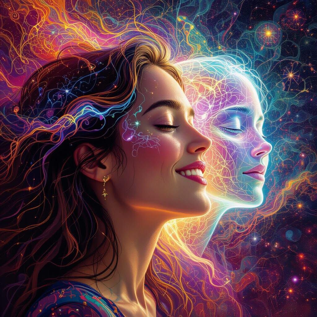 Dual Emotion Portrait: Joyful Profile With Sad Inner Reflect...