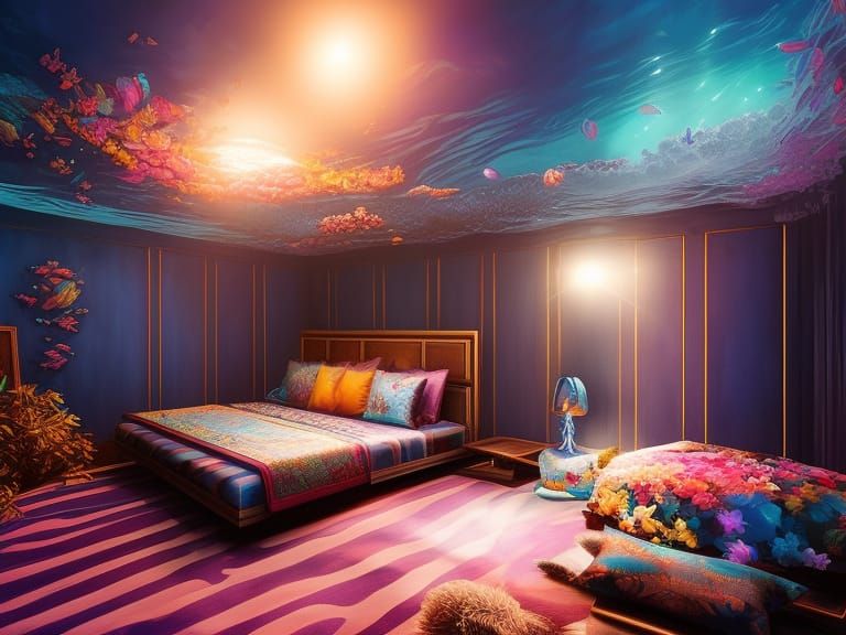 Magical Underwater Bedroom with Star Candles in Digital Art