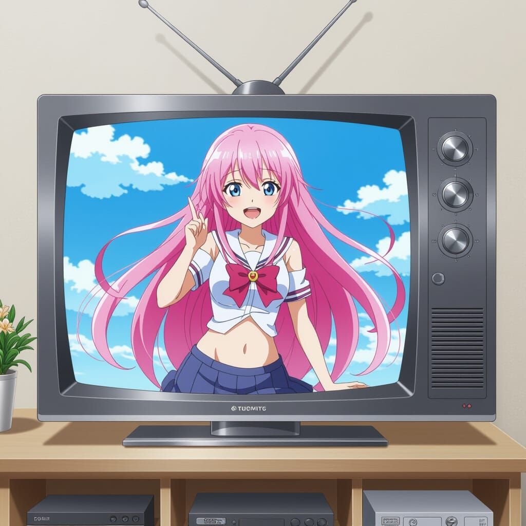 Anime Woman Emerges from Giant TV Screen