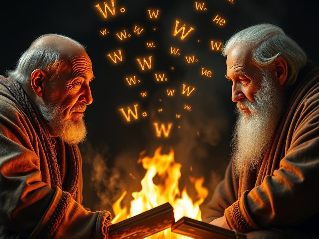 Leaders Discussing Understanding by Firelight in Misty Atmos...