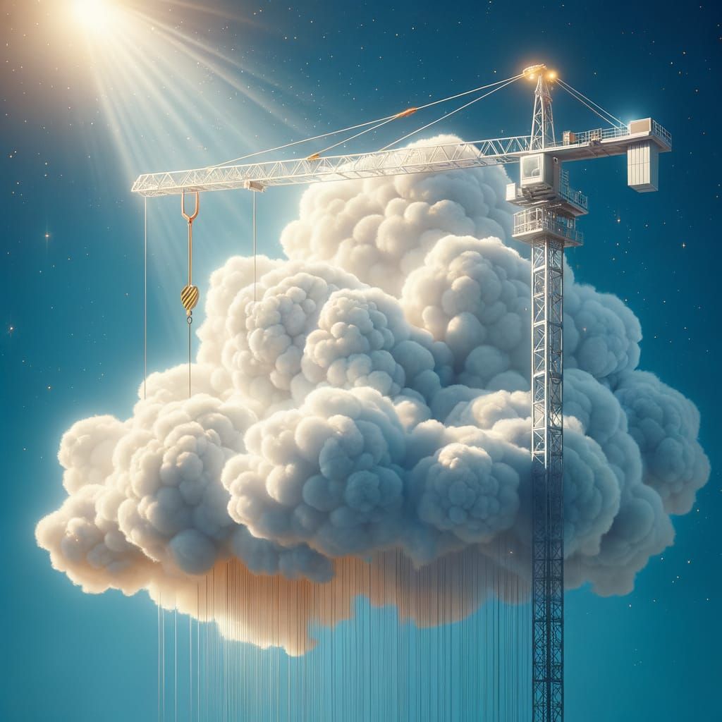 Crane Lifts Cloud Skyward in Whimsical Illustration