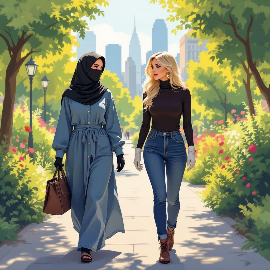 Niqabi Woman in Botanic Garden, Digital Painting Style