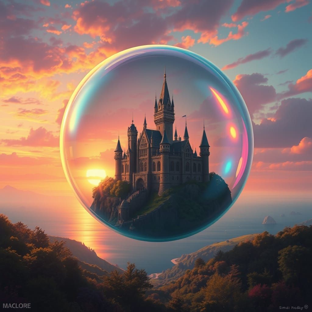 Castle in Iridescent Bubble Floating Over Ocean