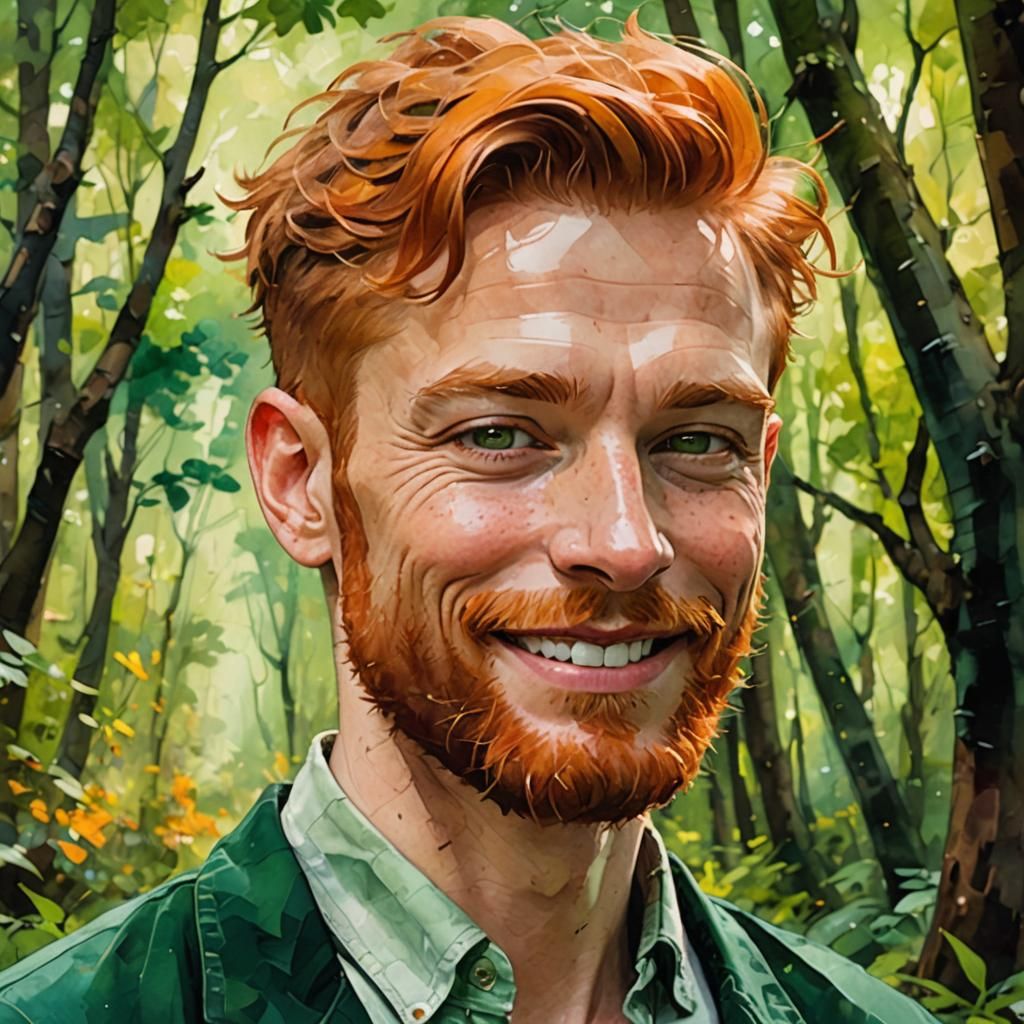 Ginger Bearded Man in Emerald Green, Alcohol Ink Style
