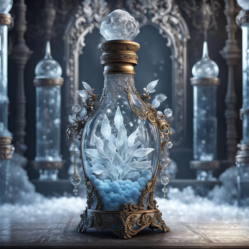 Icy Potion in Ornate Crystal Bottle
