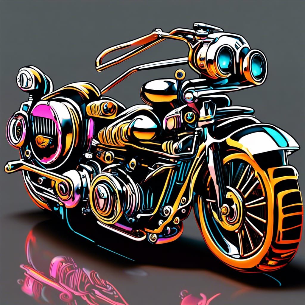 Steampunk Motorcycle with Chrome and Synthwave Neon