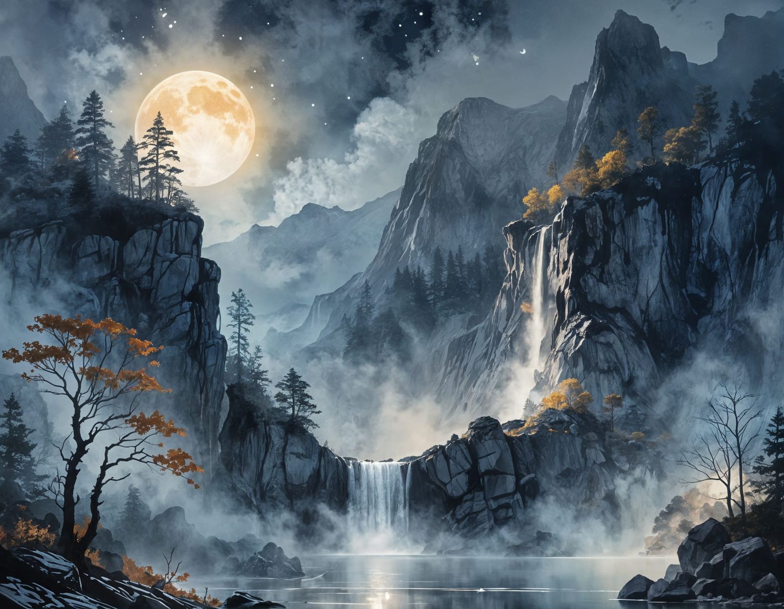 Moonrise Over Volcano and Waterfall: Ink Drawing