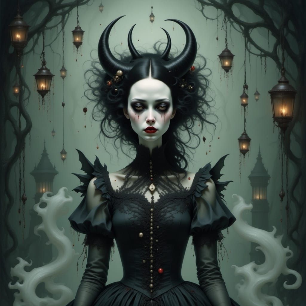 Ghoulish Girl in Fog, Goth-Punk Illustration