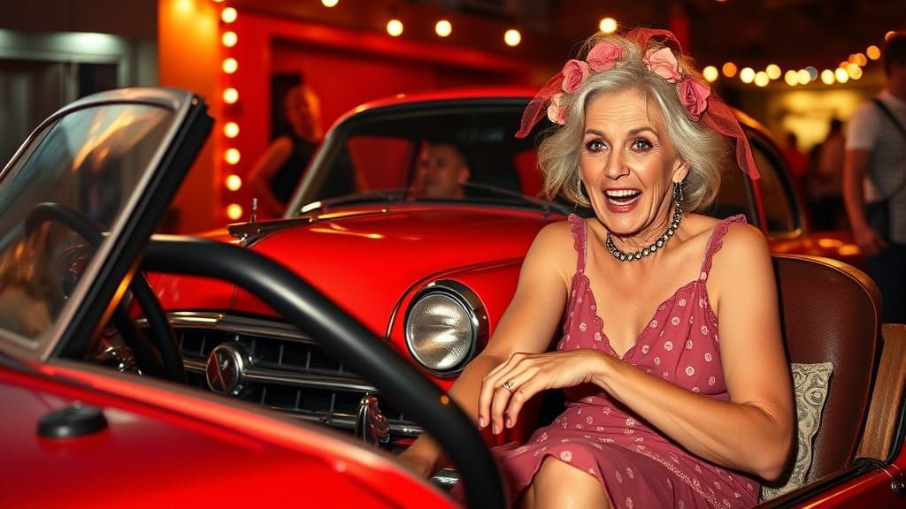 A Frantic Party Lady Clings to Her Vintage Ride