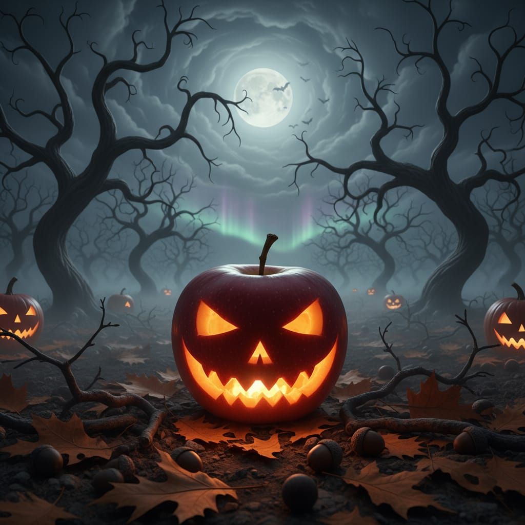 a carved halloween apple-o-lantern glows warmly