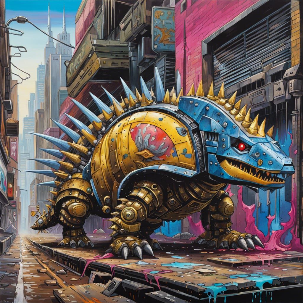 Cyborg Ankylosaurus Scans Ruined Cyberpunk City
