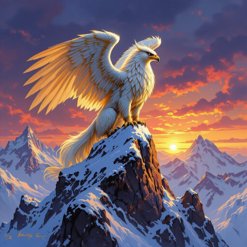Griffin Perched Atop Snowy Mountain Peak