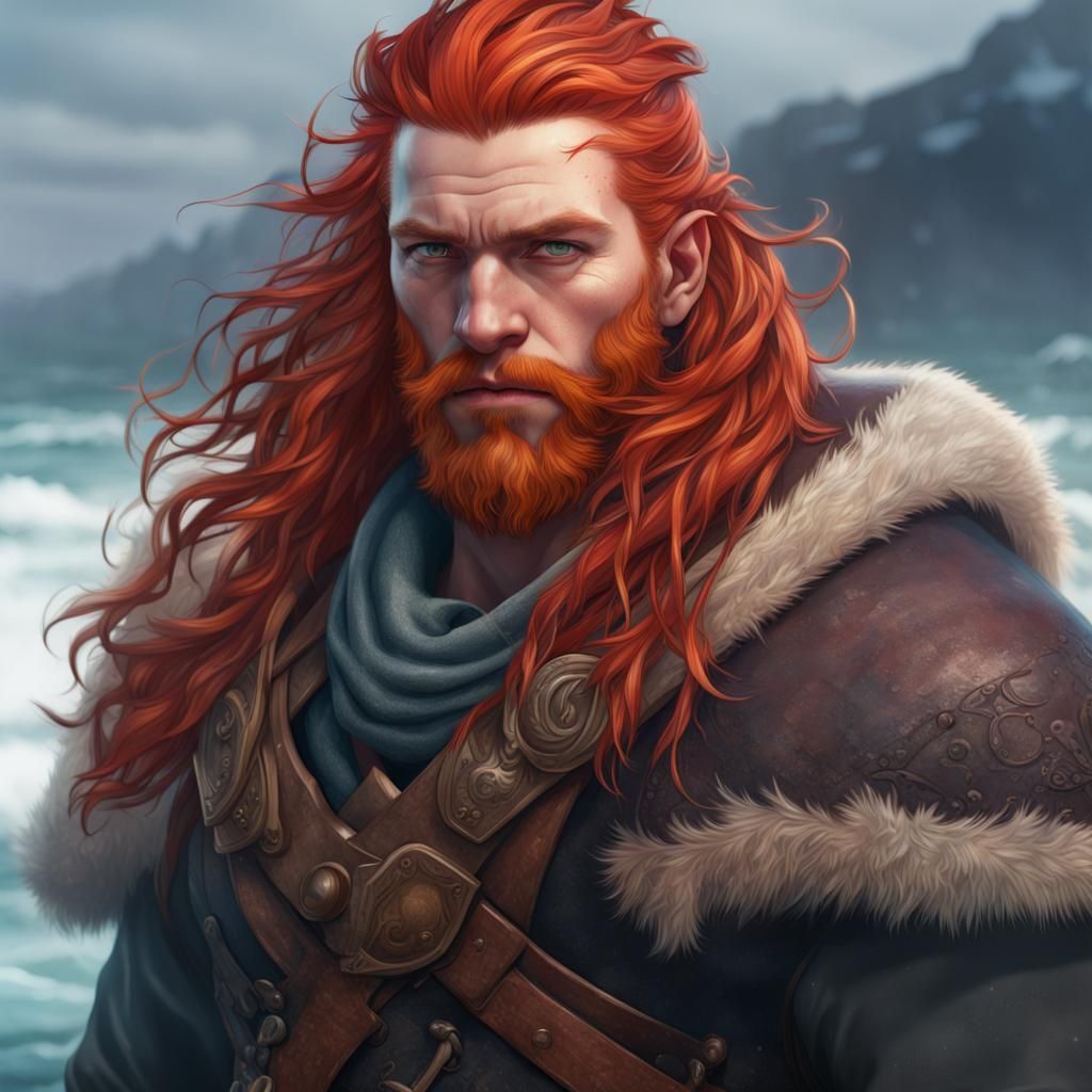Viking Portrait with Winter Sea, Hyperdetailed Art