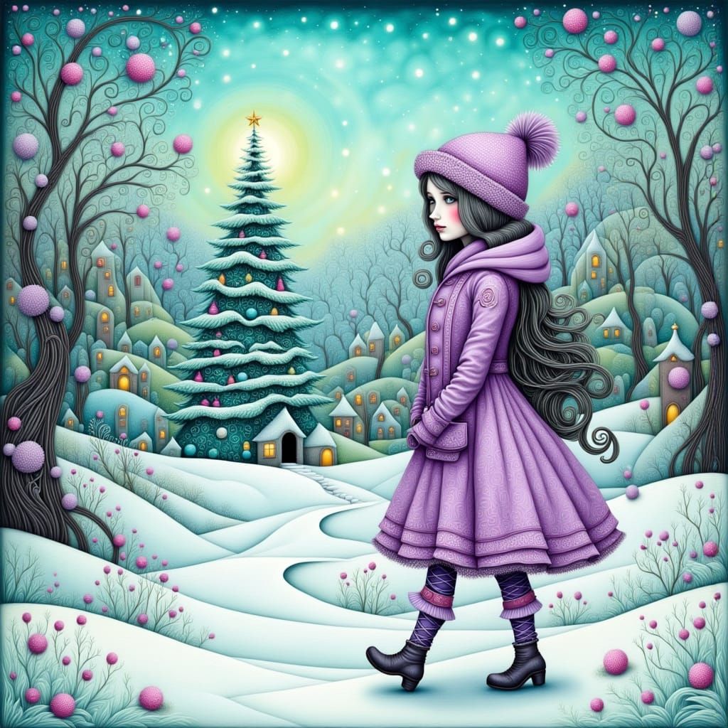 Young Girl in Lavender Coat Enjoys Winter Day With Christmas...