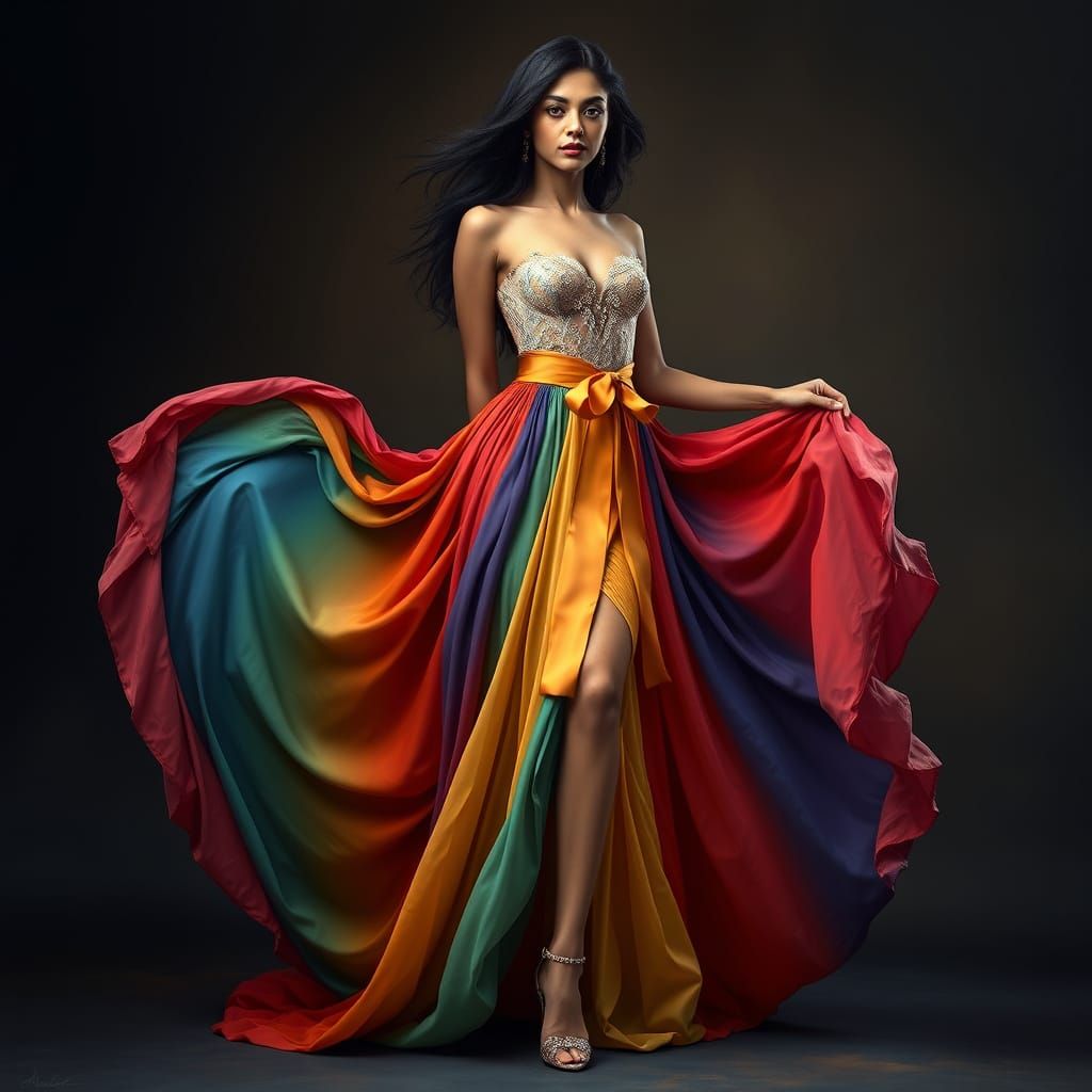 Rainbow Gown on Slender Latina Woman