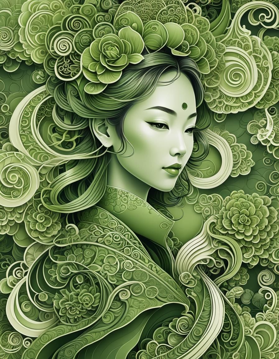 Japanese Matcha Tea Woman in Fractal Style