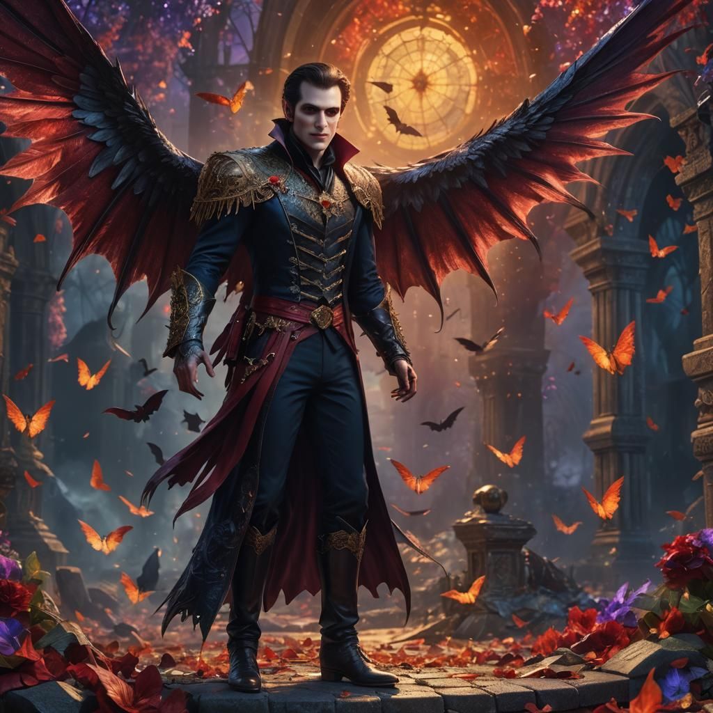 Winged Vampire Prince Smiles in a Detailed Fantasy Scene