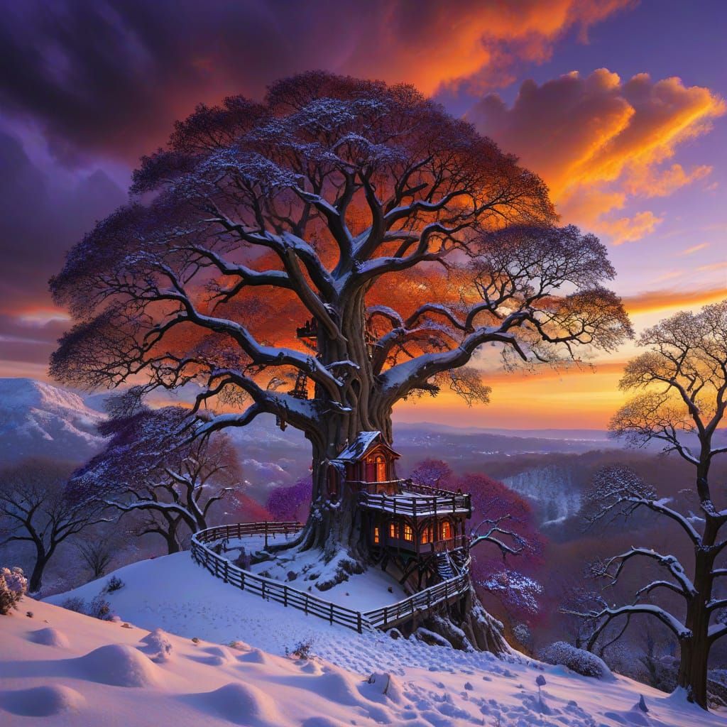 Surreal Sunset Treehouse in a Winter Wonderland