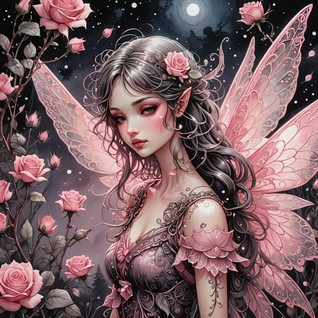 Pink Rose Fairy in Moonlight, Ink Wash Style