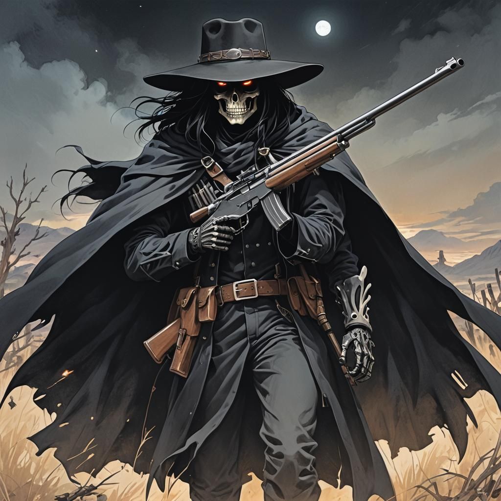 Ghostly Sniper Skeleton in Anime Cel-Shaded Style