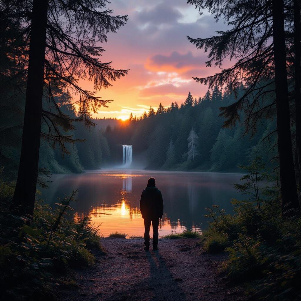 Figure Enters Forest Path at Sunset, Hidden Waterfall Reveal...