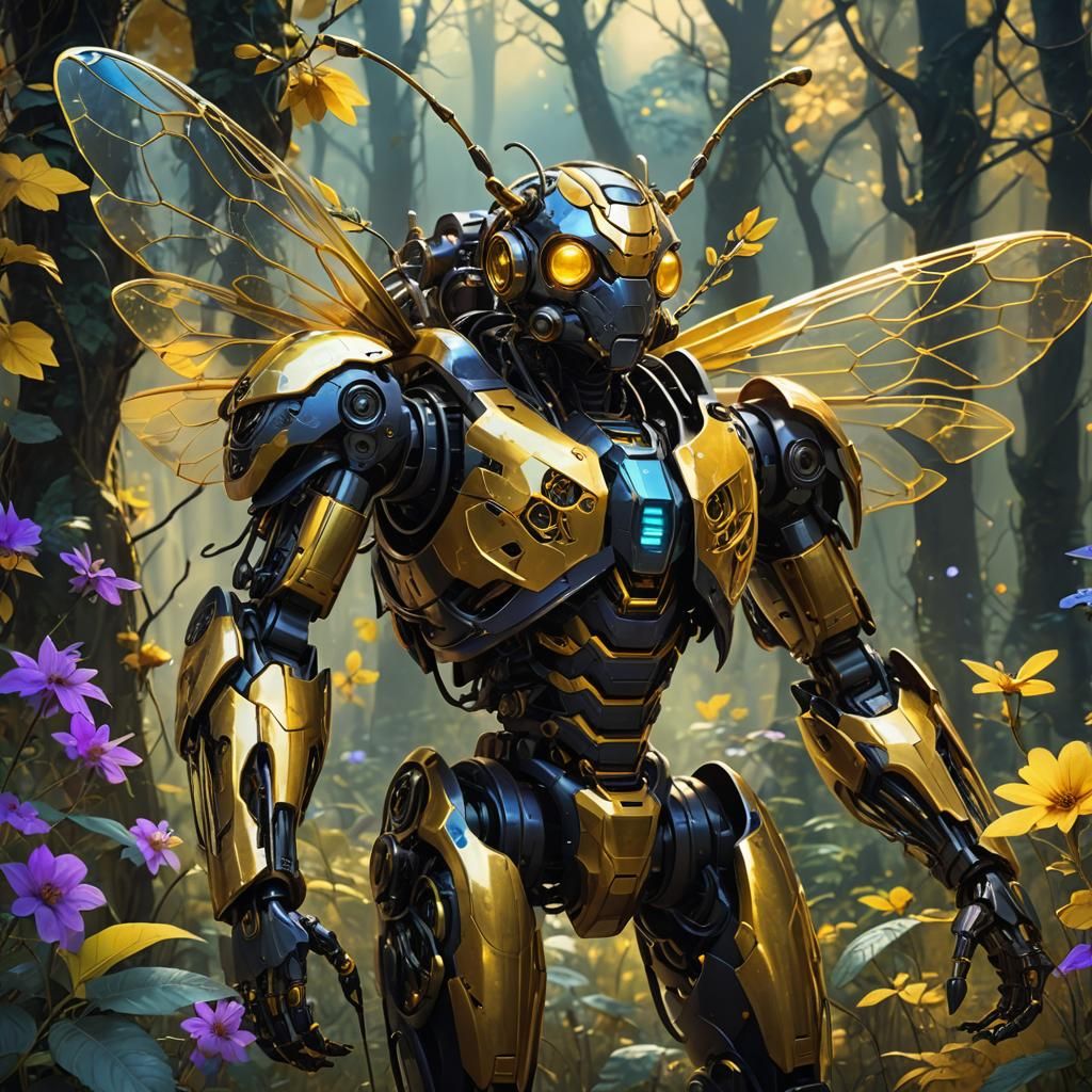 Robotic Bee Portrait in Mystical Forest: Fantasy Art