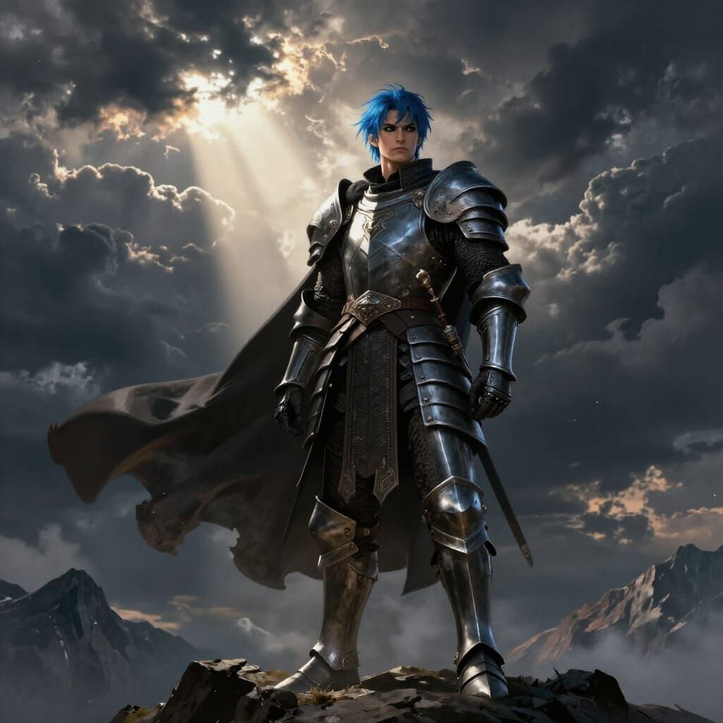 Fantasy Commander With Blue Hair In Stormy Sky