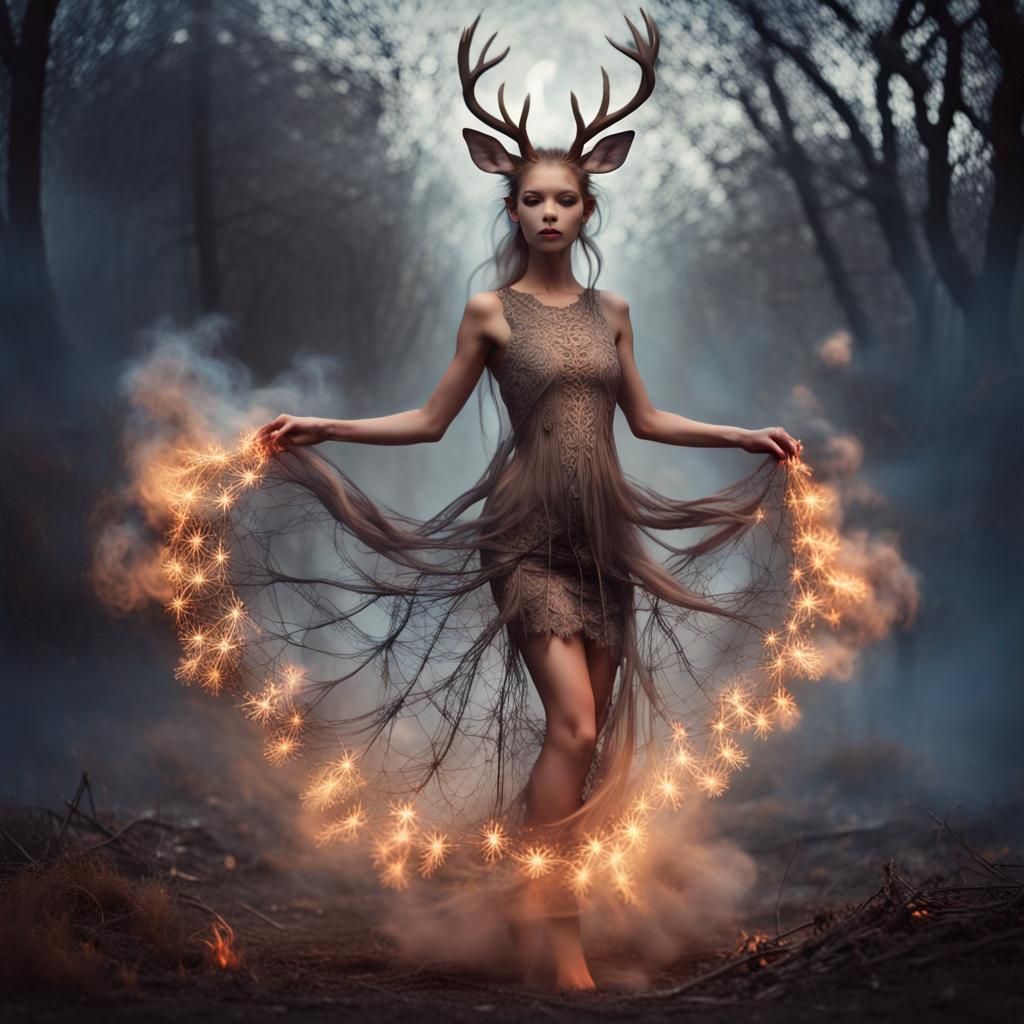 Fawn Nymph Dances in Forest Bonfire Light