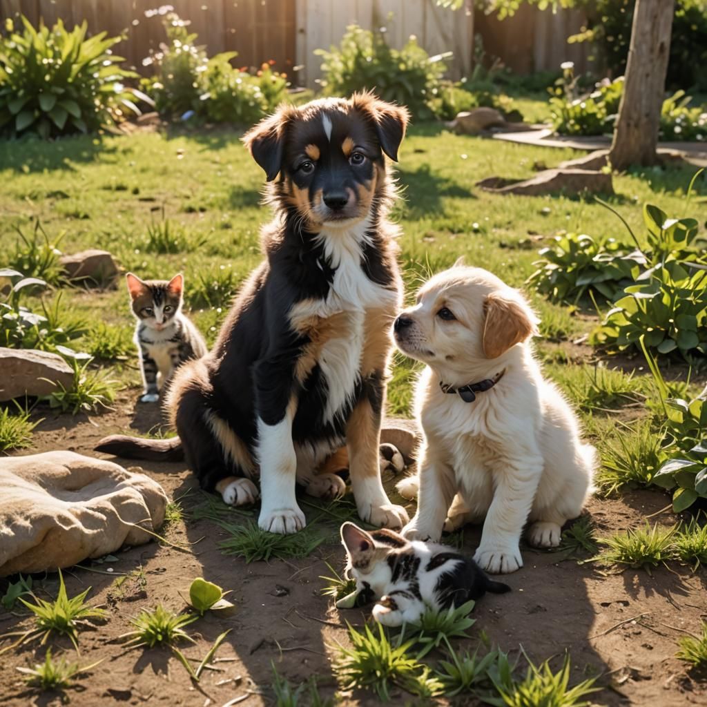 Puppies and Kittens Playing in Sunny Backyard