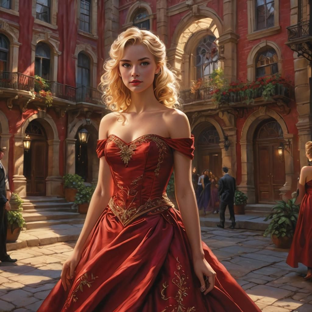 Girl in Red Gown with Comic Book Style